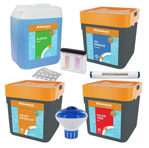 STEINBACH | Wasserpflege Set Classic XXL I Pool Chlor Starterset für Einsteiger I Mini-Multitabs, Kristallklar, Dosierschwimmer, Testkit, pH-Senker & Chlorgranulat | Pool-Zubehör-Set für Anfänger