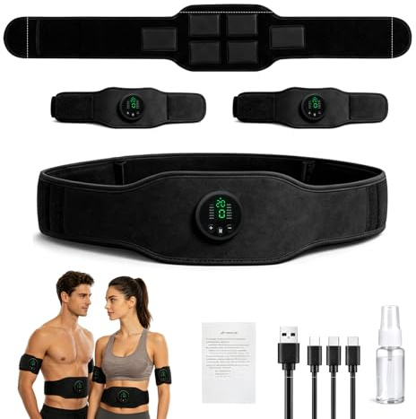 Set de entrenamiento EMS eléctrico para abdominales, 3 dispositivos principales, 2 almohadillas para brazos, 1 cinturón, 12 modos, 19 niveles de intensidad, unisex, también apto para piernas y espalda