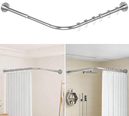 Barra Cortina Ducha en Forma de L Ajustable con 12 Ganchos y Cable Suspensión, Barra Cortinas Acero Inoxidable Extensible Bidireccional de 60 a 138 cm para Baños, Cabina de Ducha y Vestuarios