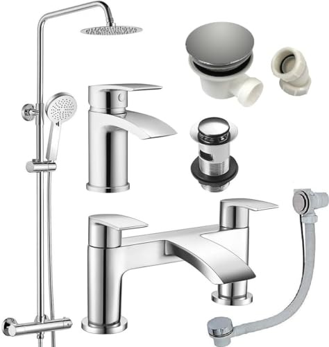Belantia Chrome Thermostatic Shower Pack Complete | Round Thermostatic Shower | Bath Filler | Mono Basin Mixer | Includes All Wastes