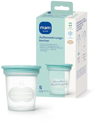 MAM Aufbewahrungsbecher, Muttermilch & Babynahrung, 120 ml, 5 Stück, mint | Direkt an MAM Milchpumpen pumpen, gefrier- & mikrowellengeeignet, mit Messskala und Beschriftungsfeld, auslaufsicher,