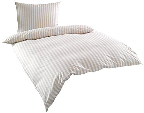 Bettwaesche-mit-Stil Mako Batist/Mako Perkal Landhaus Bettwäsche Streifen Oslo gestreift (155 cm x 220 cm + 80 cm x 80 cm, Beige - Streifen)