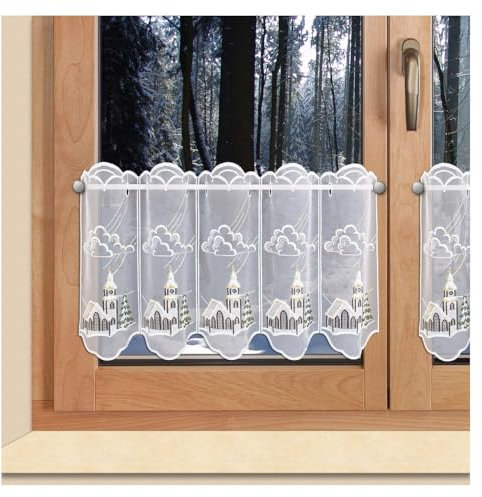 SeGaTeX home fashion Bestickte Weihnachts-Scheibengardine Winterkirche Wintergardine aus Plauener Spitze 38 x 96 cm