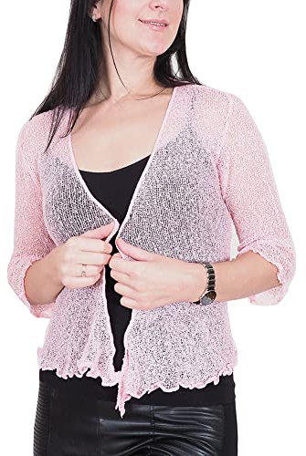 Mimosa Ladies Crochet Shrug Bolero Glitter or Plain Super Stretchy Lace Fish Net Tie at Waist Bolero Open Cardigan Fits UK 6-28 Pink