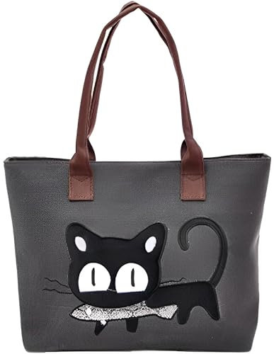 MINGZE Frauen Schulter Beutel, Segeltuch Tasche Maedchen Niedliche Katze fressen Fische Einkaufstaschen Handtaschen Strand Taschen Handtaschen (Schwarz grau)