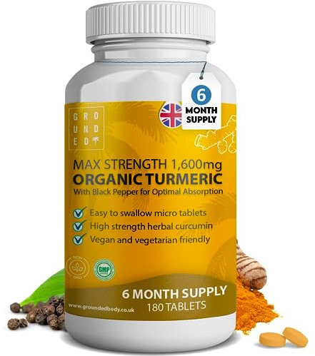 Grounded Turmeric Tablets 2,200mg with Black Pepper & Ginger 35:1 Extract | 2 Month Supply, 120 Tablets | High Strength Herbal Curcumin Supplement | Natural Anti Inflammatory & Antioxidants | Vegan UK