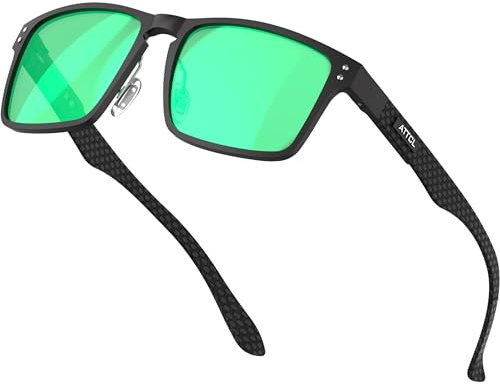 ATTCL Klassische Herren Polarisierte Sonnenbrille mit Rechteckig Metallrahmen und Karbonfaser Bügeln,UV400 Schutz Sonnenbrillen 8999 Black green
