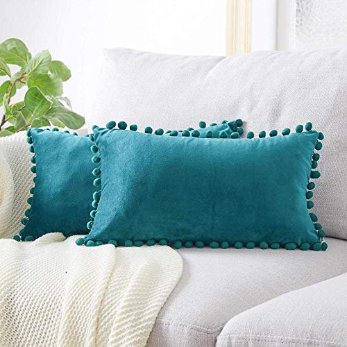 2 glänzende Samt Kissenbezug mit Ball skandinavischen Dekor Kissen Wohnzimmer Innendekoration Sofa Modernes Schlafzimmer-40 x 80 cm_Türkis_