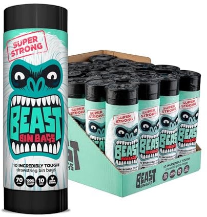 BEAST BIN BAGS, Mega Pack, 20 Rolls of 10 x 70 Litre Bags (Total 200 Bags) - Made From 100% Recycled LLDPE - Incredibly Strong Drawstring Black Bin Bags