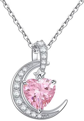 Qings Collana Pendente de Donna con Tormalina Rosa Ottobre Birthstone Collana Pendente Luna Regalo per Fidanzata Amante Cuore Pietra Portafortuna