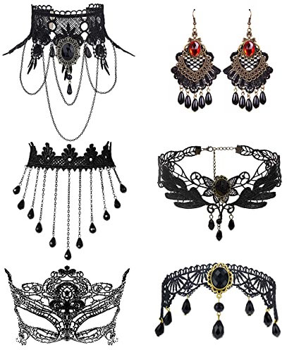 JewelryWe Schmuck 7 PCS Choker Halskette und Ohrringe Set Schwarz Spitze Kette Damen Gotisch Tattoo Kragen Halsband Vintage Ohrhänger Geschenke für Damen Mädchen