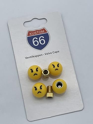 4er Set Ventilkappen und 2 Fahrrad Adapter - Böses Emoji - für jedes Fahrrad geeignet