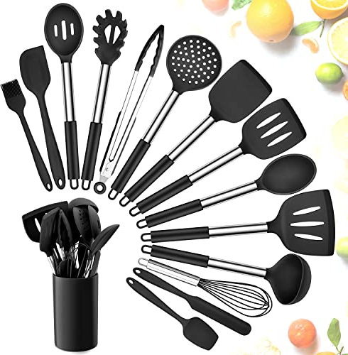Kitchen Utensils Set, Herogo 15 Pcs Silicone Cooking Utensils with Holder, Non Stick & Heat Resistant Cooking Tools with Stainless Steel Handle, Silicone Spatula Whisk Spoon Turner Tongs, Black