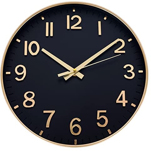 HZDHCLH Funk Wanduhr 30 cm Lautlose Wanduhr Ohne Tickgeräusche, Moderne Batteriebetriebene Uhr für Zuhause, Küche, Wohnzimmer, Büro, Wanddekoration (Schwarzes Gold)