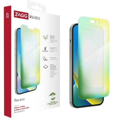ZAGG InvisibleShield Flex Eco Screen Protector for iPhone 14/13 Pro Max, Shockproof, Scratch Resistant, Organic, Glass-Like, Anti-Microbial, (Clear)