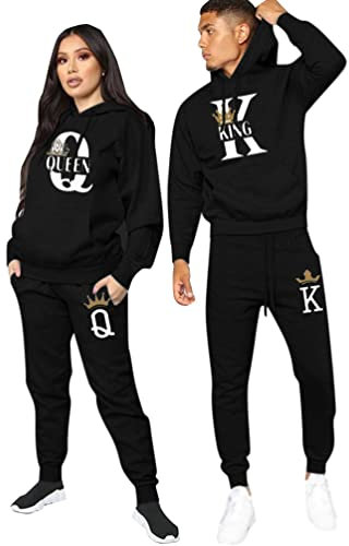 Minetom Pärchen Sportanzug King Queen Druck Pullover Hoodie Kapuzenpullover Liebespaar Couple Jogginganzug Freizeitanzug mit Taschen Oberteile und Hose Set Schwarz King L