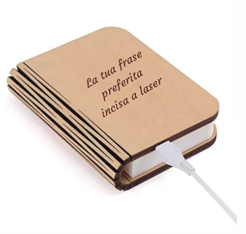 GFD Lampada libro personalizzabile con nome o frase, USB Ricaricabile, lampada a forma di libro, in legno con luce led, lampada da tavolo, idea regalo -1000mAh (INCISA)