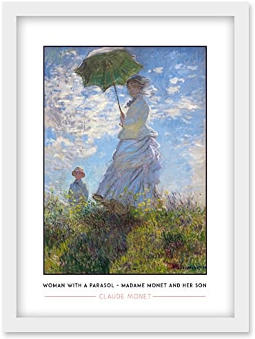 Wee Blue Coo Claude Monet Woman With A Parasol – Madame Monet And Her Son Impressionist Painting Artwork Framed Wall Art Print A4