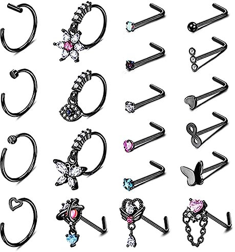 KALVICA 20 Pieces Nasenpiercing Set 20G Edelstahl Nasenpiercing Schwarz Silbrig Golden Mond Roségold Herz Iris Japonica CZ Anhänger Nasenpiercing Stecker für Männer
