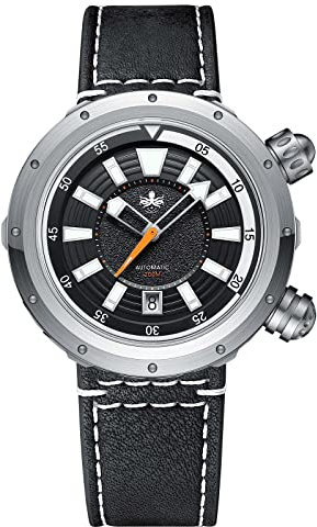 PHOIBOS Vortex Antimagnetische Automatik-Taucheruhr für Herren, 200mwasserdicht, Gehäuse mit versteckten Laschen und Doppelkronen mit innerer drehbarer Lünette, Schwarz PY042C