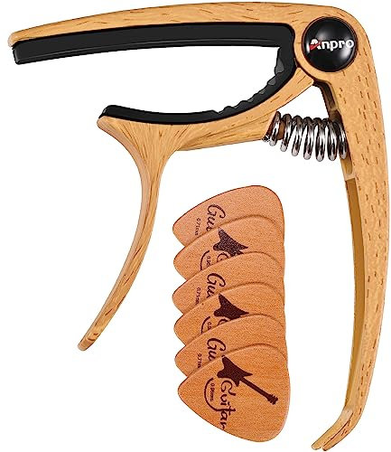 Anpro Gitarren Kapodaster mit 6 Gitarren Plektrum Holzfarbe Kapodaster für Gitarre Akustik Gitarren Clip Gitarre Kapodaster Guitar Capo fur Ukulele Mandoline und Banjo
