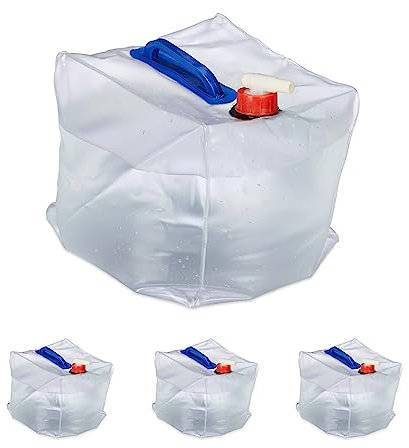 Relaxdays Juego 10 L Pack 4 Bidones Plegables, Garrafas Agua, Grifo, Depósitos Líquidos Camping, Asa, sin BPA, Transparente