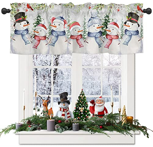 Snowman Curtains Valance for Bedroom Living Room, Christmas Tree Red Cardinals Curtains & Drapes Rod Pocket Seasonal Winter Snowy Scene Valance for Kitchen Window Curtains Over Sink 54x18in,1 Panel