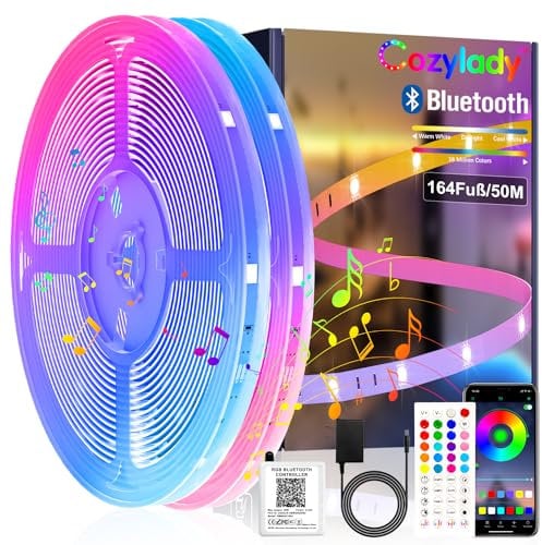 Cozylady 50M LED Strip Light. Bluetooth RGB-Streifen Lichtband mit Fernbedienung und App-Steuerung. Für Innenräume wie Zimmer & Zuhause. Perfekte Leuchtdioden-Streifenbeleuchtung für Feste & Partys.