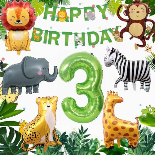 Yunchu Online Deko 3. Geburtstag Dschungel Dekoration für Junge Mädchen - Tiere Folienballons Luftballons - 3 Jahr Feier