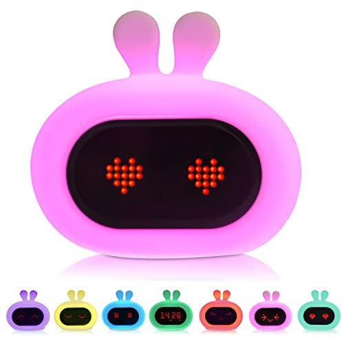 Kadoing® Kaninchen Kinderwecker - mit Mimik und Tippfunktion - Wecklicht für Kinder - Schlaftrainer - Schlafwecker - Nachtlampe - Kinderlampe - Spielzeug Wecker Digital