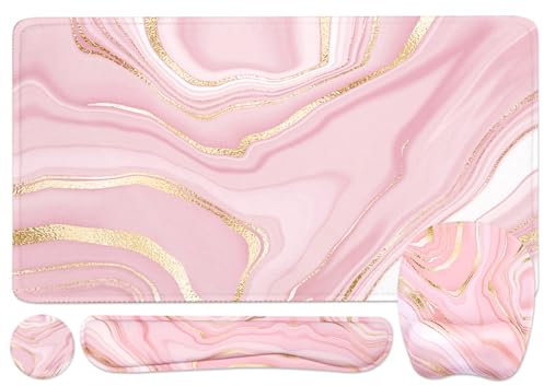 Keyboard Wrist Rest Large Mouse Pad Wrist Support for Computer, 4 in 1 Memory Foam Keyboard Pad Desk Mat Ergonomic Hand Rest Wrist Cushion for Home Office Gaming - Pink Marble