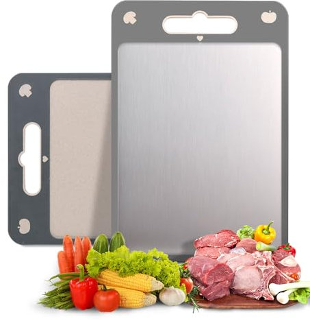 MEIFLOLU Tabla de cortar de doble cara con asa, tabla de cortar de acero inoxidable 304 para carne, mariscos y paja de trigo, tabla de cortar para frutas, verduras, tabla de cortar de cocina