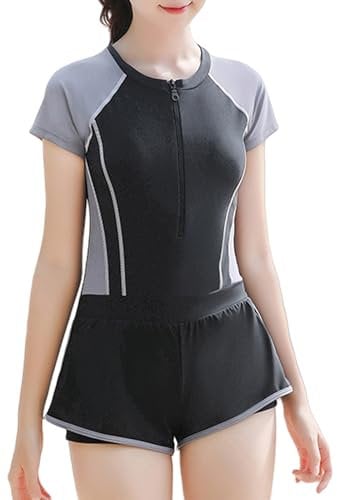 Maeau Girls Swimming Costume One-Piece Swimsuit Short Sleeve Rash Guard UV Protection Surfing Swimwear Quick Dry Crew Neck Swim Shirt 01 Black+Grey 14-16 Y