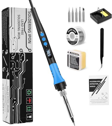 Lötkolben Set, 90W LED Mit Temperatur Einstellbar 180℃-480℃, 5 Spitzen, Lötpaste, Lötdraht, Halter, Lötset für Reparatur Des Schweißens - Blau