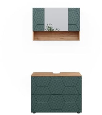 Vicco Badmöbel-Set Irma, Grün/Goldkraft Eiche 80 cm | 2-teilig · Waschtischunterschrank · Spiegelschrank