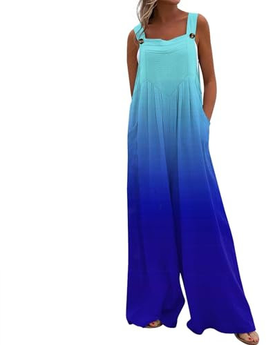 RMBLYfeiye Hosenanzug Damen Hochzeit Gym Set Damen Latzhose Schwangerschaft Farbverlauf Spaghetti Jumpsuit Mit Taschen Ärmelloser Overall Festlich Hosenanzug Einweg Overall (Cyan, M)