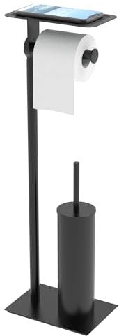 WZRUA Black Toilet Roll Holder with Toilet Brush, Toilet Roll Holder Free Standing with Shelf for Wet Wipes, SUS304 Stainless Steel Toilet Roll and Brush Holder for WC, Toilet, Bathroom