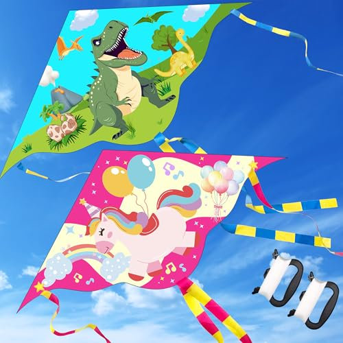 Lubibi 2 PCS Kinder Drachen, Drachen Mit Einhorn und Dinosauriermotiven, 150x110cm, Inkl. 100m Drachenschnur und Snap Swivel, Einleiner Flugdrachen Outdoor Spielzeug Für Kinder und Erwachsene