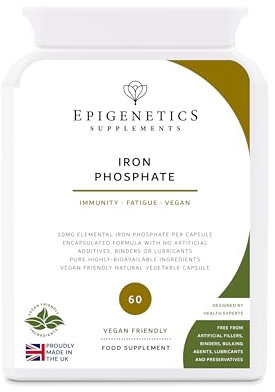 Iron Phosphate | 10mg Elemental Iron | Energy Production, Hemoglobin & Immune Support | 60 Vegan Capsules UK Made | Long 2 Month Supply by Epigenetics Supplements