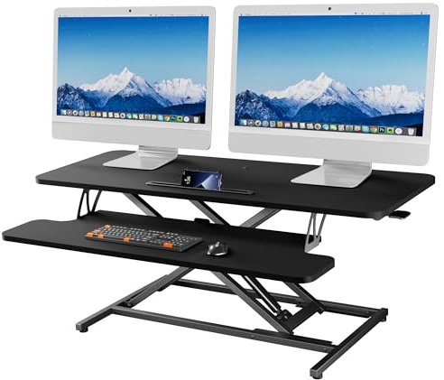 ERGOMAKER Steh-Sitz Schreibtischaufsatz Höhenverstellbar, Stehpult Aufsatz Schreibtisch 106 X 40CM Desktop Erhöhung mit Tastaturablage Für Zwei Monitore,Schwarz