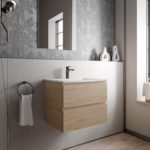 BERNSTEIN Badmöbel-Set Ava 60cm bestehend aus Mineralguss-Waschbecken mit Unterschrank in Eiche honiggold, Waschtisch BRUXELLES - Weiß matt mit Hahnloch, Ideal für Kleine Bäder und Gäste-WCs