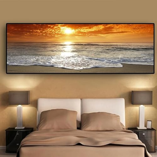 CHAOJIART Puestas de sol, mar natural, paisaje de playa, carteles impresos, pintura en lienzo en la pared, paisaje marino, imagen escandinava para sala de estar, 60x180cm (24x71in) sin marco