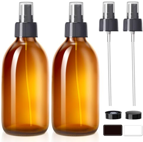 Tecohouse Glass Spray Bottles 10.8oz, 2 Pack Empty Spray Bottle for Essential Oils, Small Glass Bottles for Cleaning Solutions, Plants, Hair with Durable Nozzle, Labels, Funnel