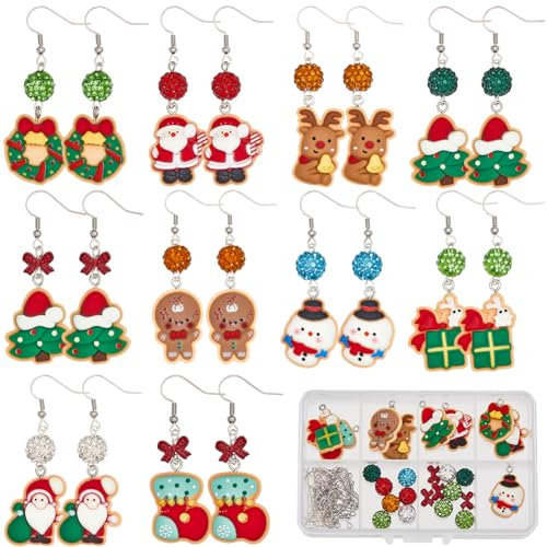 SUNNYCLUE 1 Box 10 Pairs Christmas Earrings Kits Resin Christmas Charms Winter Xmas Tree Santa Claus Snowman Charm Polymer Clay Rhinestone Beads for Jewellery Making Kits DIY Dangle Earrings Supplies