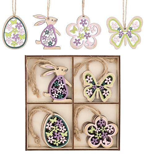 Valery Madelyn Frühlingsdeko Anhänger Schmetterlinge Hasen Eier Blumen Frühlingsanhänger aus Holz zum Aufhängen Fensterdeko Fensterhänger zu Ostern (12)