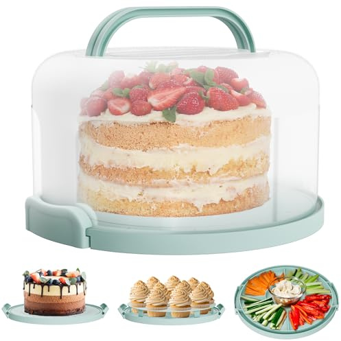 Cake Carrier with lid and Handle - Multipurpose Cake Stand with Lid for 10” Cake, Pie, Cupcakes - Cake Holder & Lid, Plastic Cake Container, Round Cake Cover for Transport & Storage (Seafoam Green)