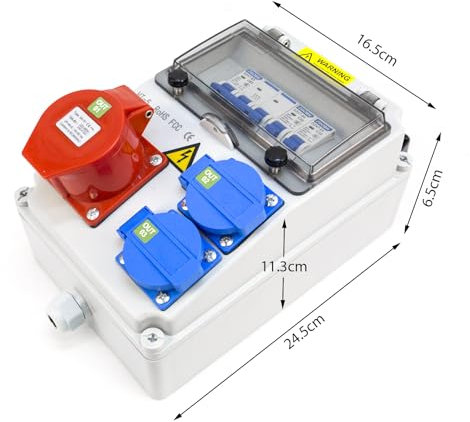 Stromverteiler 16A, Baustromverteiler 16A, Wandverteiler mit FI SchalterBringen, mit 2 x Schuko,1x CEE Steckdos, Verteilerkasten außen IP54 wasserdicht für Innen/Außen/Werkstätten/Fabriken