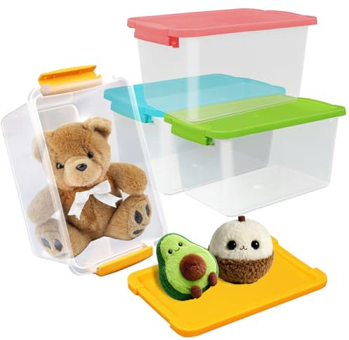 Clear Building Block Organizer with Color Lid, 4 Pack Transparent Storage Box for Lego Parts, Educational Toy Container, Small Toys, Snowflakes, Clay Sorting Box, 10.6x7x5.5 Inches