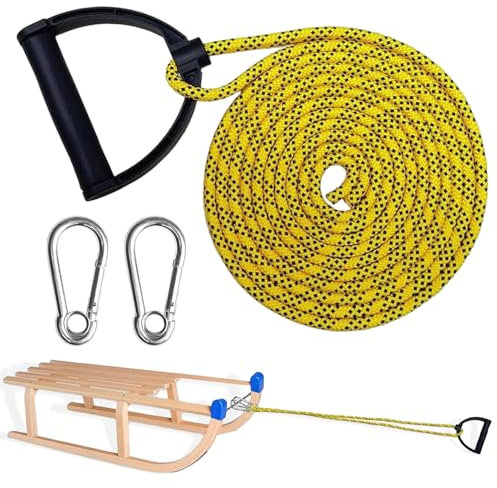 Schlittenseil Mit Karabiner, Schlittenleine Mit Griff, 4m Schlitten Zugseil, schlittenseil mit karabiner, Schlittenseil Mit Griff, Schlitten Zugseil für Schlitten und Rodel im Winter (Gelb)