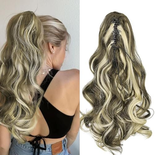 Cybelleza Ponytail Extension mit Klammer Clip in Pferdeschwanz Haarteil Zopf Lockig 45cm Claw Pferdeschwanz Haarverlängerung wie Echthaar Gewellt Lang Synthetik Haar, Aschblond & Gebleichtes Blond